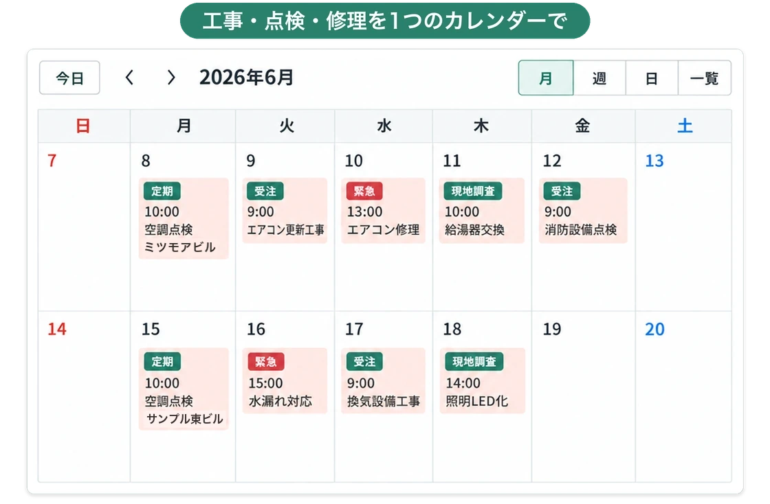 月のカレンダーに、定期の空調点検・更新工事・緊急のエアコン修理・現地調査が色分けされて並ぶ画面