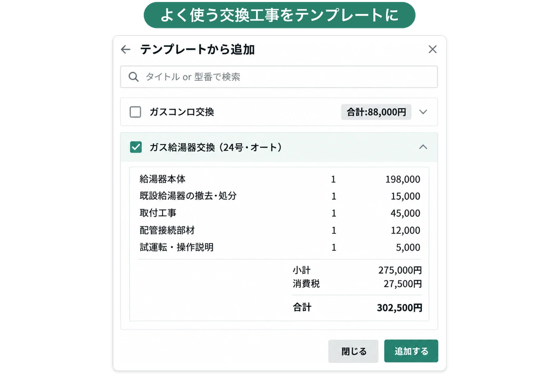 テンプレートから追加の画面。ガス給湯器交換（24号・オート）のテンプレートを選ぶと、給湯器本体・既設給湯器の撤去・処分・取付工事などの明細と合計302,500円が出る