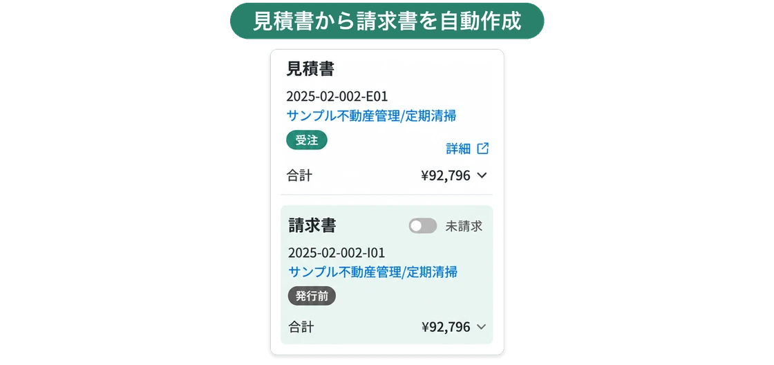 仕事詳細の右側で、受注した見積書の下に同じ合計金額の請求書（発行前）が並んでいる