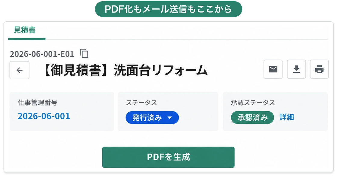 見積書の詳細画面。メール・ダウンロード・印刷のボタンと「PDFを生成」のボタンがある