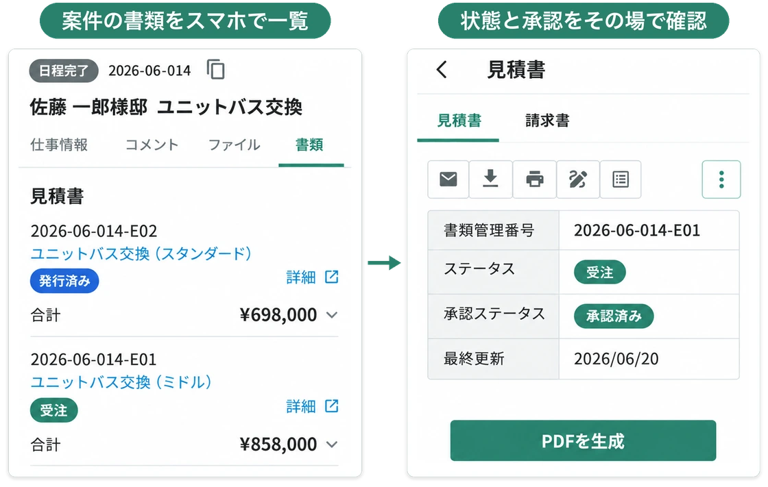 スマホの2つの画面。案件の書類タブに見積書2件が状態と合計金額つきで並び、開いた見積書でステータス受注・承認ステータス承認済みを確かめられる