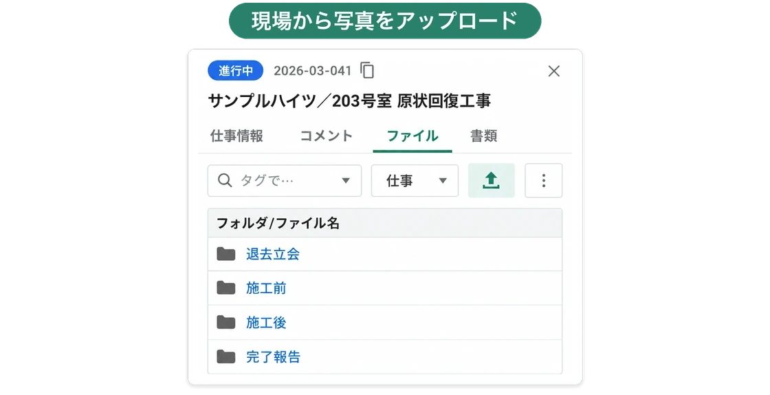 スマホの仕事画面のファイルタブ。みなと台ハイツ203号室の原状回復工事に、退去立会・施工前・施工後・完了報告のフォルダが並び、アップロードのボタンがある